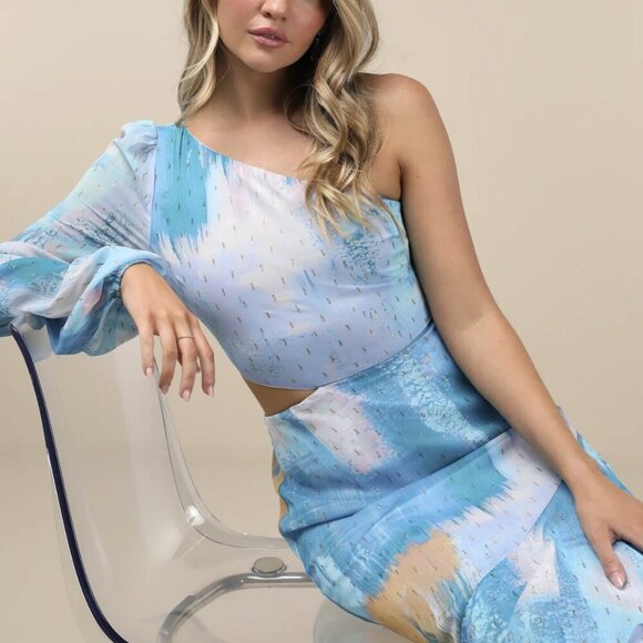 NWT Lulus Faria Blue Multi Abstract Metallic Clip Dot Midi Dress - Picture 1 of 9